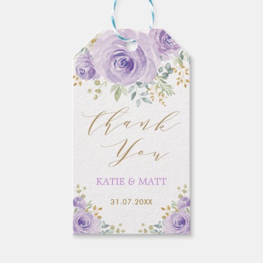 Paars Gold Waterverf Floral Wedding Party Favors Cadeaulabel (Voorkant)