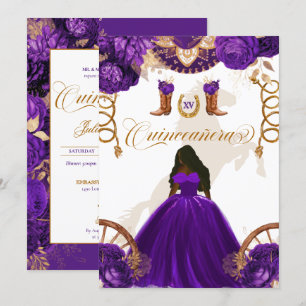 Paars Gold Western Charro 2-Sided Quinceanera Inv Kaart