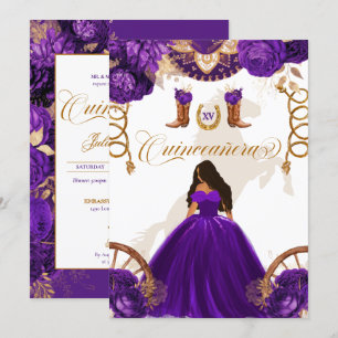 Paars Gold Western Charro 2-Sided Quinceanera Kaart