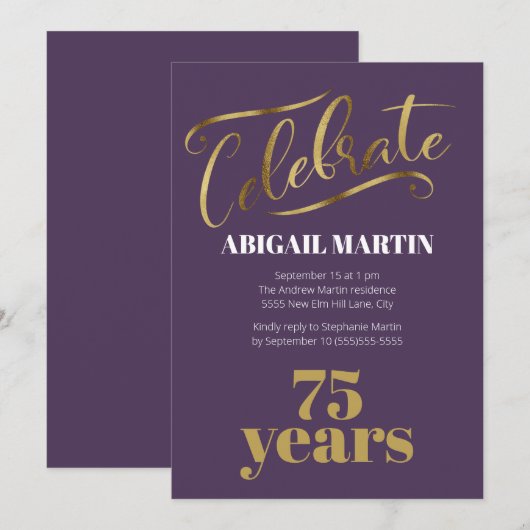 Paars Gold White, 75e verjaardag uitnodiging (Voorkant / Achterkant)