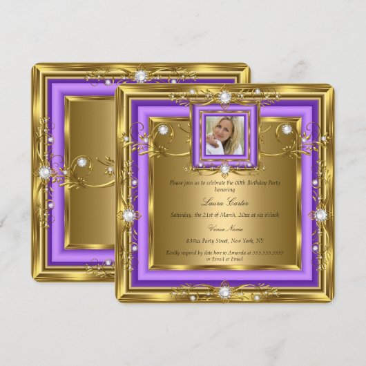 Paars Gold White Foto van Birthday Party Kaart (Voorkant / Achterkant)