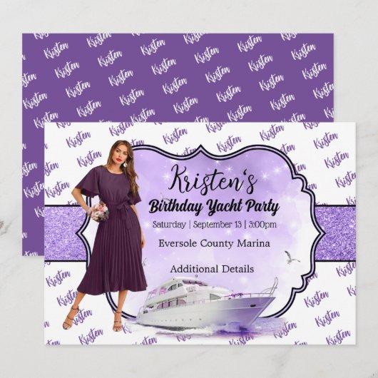 Paars Gold Yacht Partij Birthday Uitnodiging (Voorkant / Achterkant)