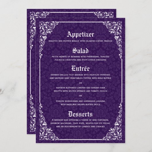 Paars gothic Victoriaans Damask Wedding Menu (Voorkant / Achterkant)