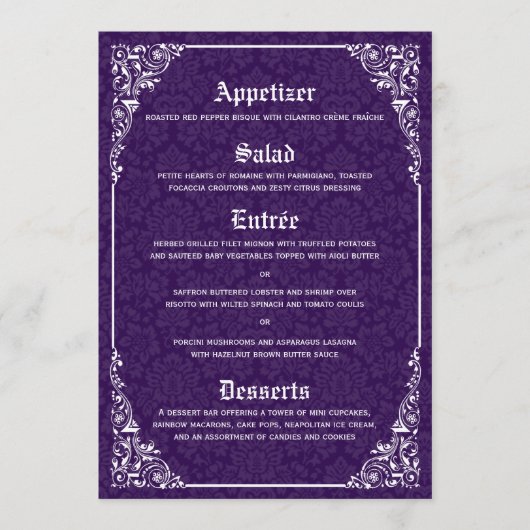 Paars gothic Victoriaans Damask Wedding Menu (Voorkant)