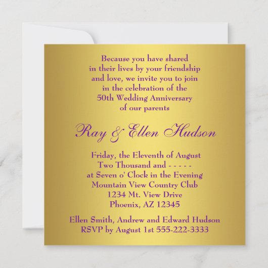 Paars Goud 50-jarig Huwelijksjubileumfeest Kaart (Achterkant)