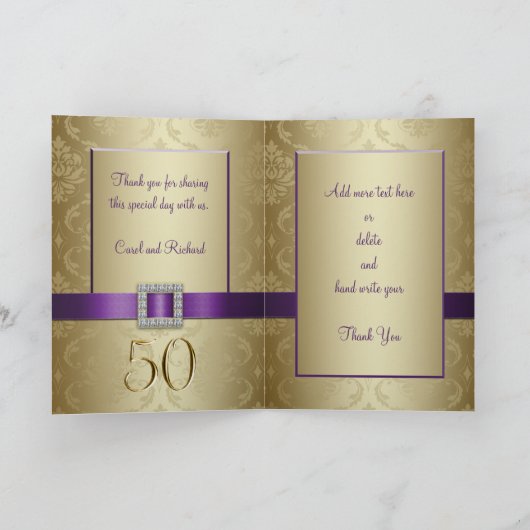 Paars Goud 50ste Huwelijksjubileum Dankjewel Bedankkaart (Binnen)