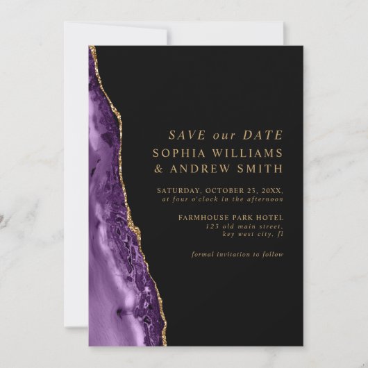 Paars & Goud Bewaar de Datum Kaart (Voorkant)