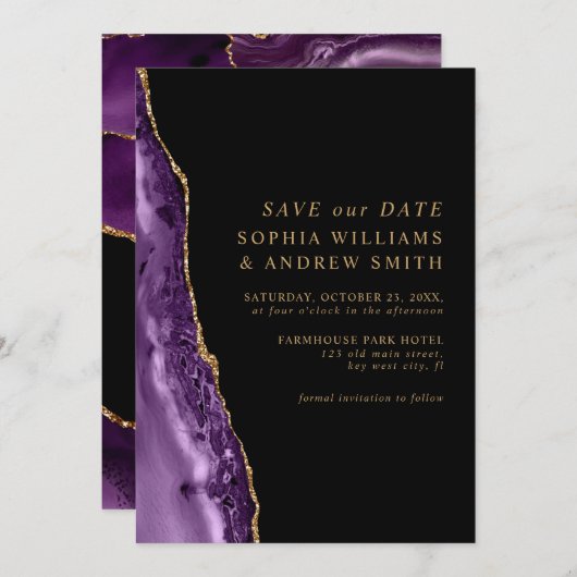 Paars & Goud Bewaar de Datum Kaart (Voorkant / Achterkant)