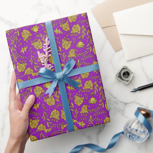 Paars & Goud Bloemig Inpakpapier (Geschenken)