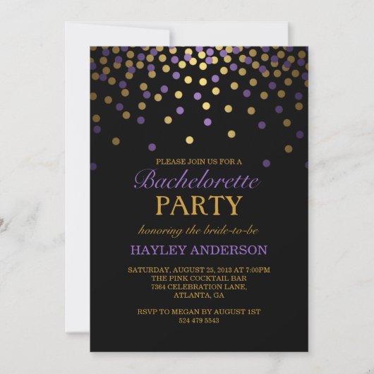 Paars & Goud Confetti Bachelorette Uitnodiging (Voorkant)