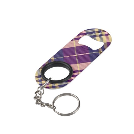 Paars, goud en blauw Tartan Mini Flessenopener (Achterkant Gekanteld)