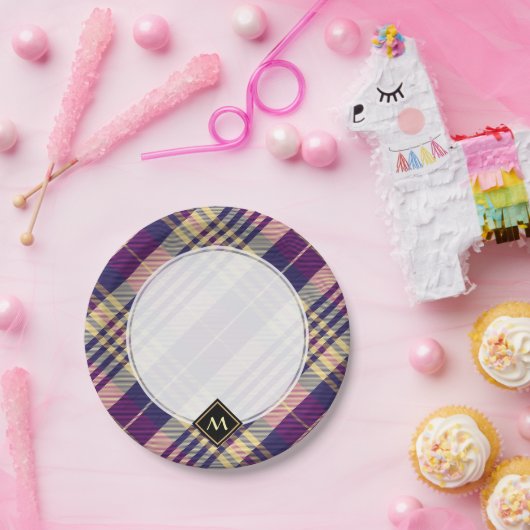 Paars, goud en blauw Tartan Papieren Bordje (Feest)