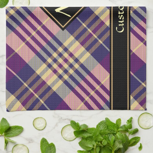 Paars, goud en blauw Tartan Theedoek (Gevouwen)