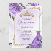 Paars goud en witte Floral Tiara Quinceañera Kaart (Voorkant / Achterkant)