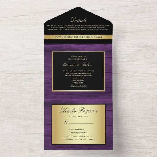 Paars goud en zwart huwelijk all in one uitnodiging (Binnen)