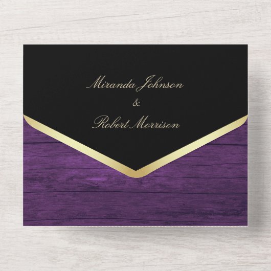 Paars goud en zwart huwelijk all in one uitnodiging (Achterkant)