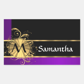 Paars goud en zwart monogram rechthoekige sticker