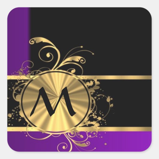 Paars goud en zwart monogram vierkante sticker (Voorkant)