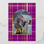 Paars & Goud Geruit Kerstvakantie Foto Folie Feestdagenkaart (Voorkant)