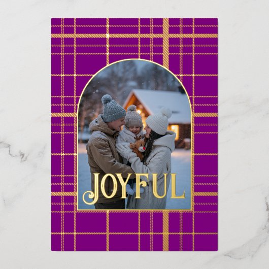 Paars & Goud Geruit Kerstvakantie Foto Folie Feestdagenkaart (Voorkant)