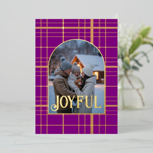 Paars & Goud Geruit Kerstvakantie Foto Folie Feestdagenkaart (Staand Voorkant)