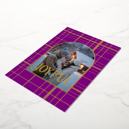 Paars & Goud Geruit Kerstvakantie Foto Folie Feestdagenkaart (Gedraaid)
