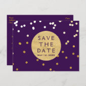Paars & Goud Glanzend Confetti Stippen Save The Da Aankondigingskaart (Voorkant / Achterkant)