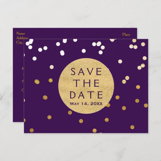 Paars & Goud Glanzend Confetti Stippen Save The Da Aankondigingskaart (Voorkant / Achterkant)