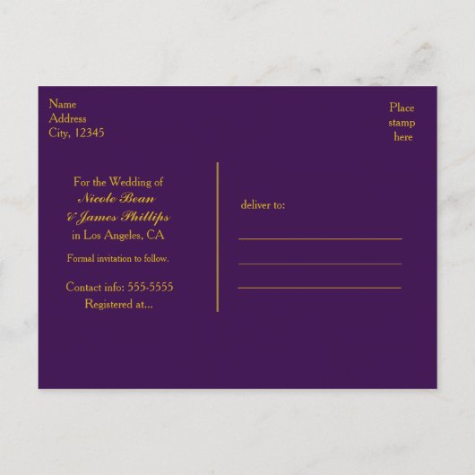 Paars & Goud Glanzend Confetti Stippen Save The Da Aankondigingskaart (Achterkant)