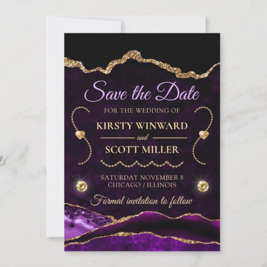Paars goud glitter agaat en marmer Save the Date Kaart (Voorkant)