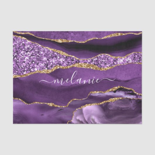 Paars Goud Glitter Agaat Naam Tissuepapier op Maat (Voorkant)