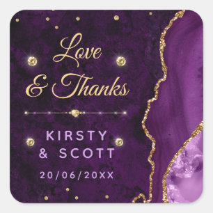 Paars & Goud Glitter Agate en marmeren Huwelijk Vierkante Sticker