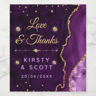 Paars & Goud Glitter Agate en marmeren Huwelijk Wijn Etiket