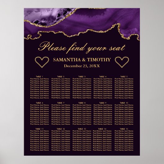 Paars & Goud Glitter Agate Trouw Zittijd Chart Poster (Voorkant)