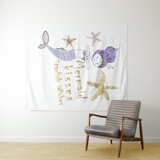 Paars Goud Glitteren Zeemeermin Wensen Sterren Kus Wandkleed (In Situ (horizontaal))