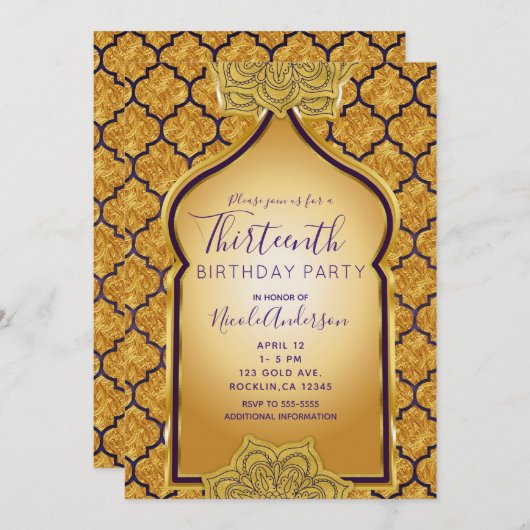 Paars & Goud Indiaas Arabisch Gouden Verjaardagsfe Kaart (Voorkant / Achterkant)