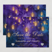 Paars & Goud Lantaarn Vonkelende Harten Bruiloft Kaart (Voorkant / Achterkant)