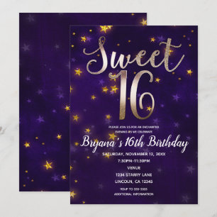 Paars & Goud Nacht Onder De Sterren Sweet 16 Feest Kaart