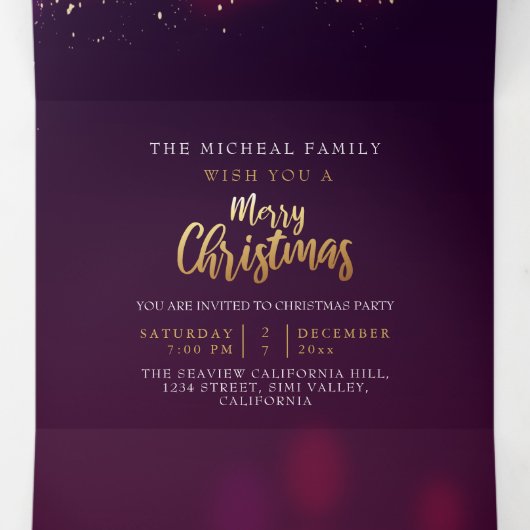 Paars goud Neon belichting Aangepast kerstjaar Drieluik Uitnodiging (Binnenkant midden)