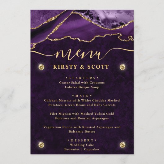 Paars & Goud Nep Glitter Agate Bruiloft Menu (Voorkant)