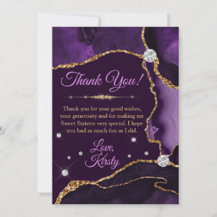Paars & Goud Nep Glitter Agate Sweet 16 Bedankkaart