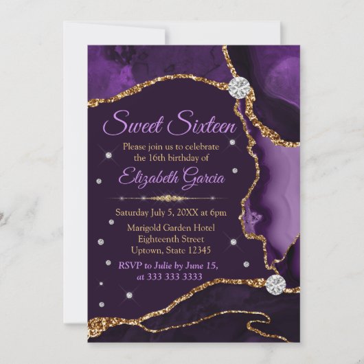 Paars & Goud Nep Glitter Agate Sweet 16 Kaart (Voorkant)