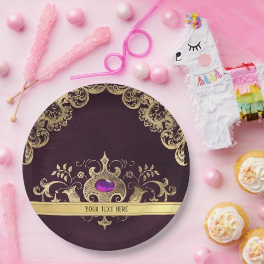 Paars   goud papieren bordje (Feest)