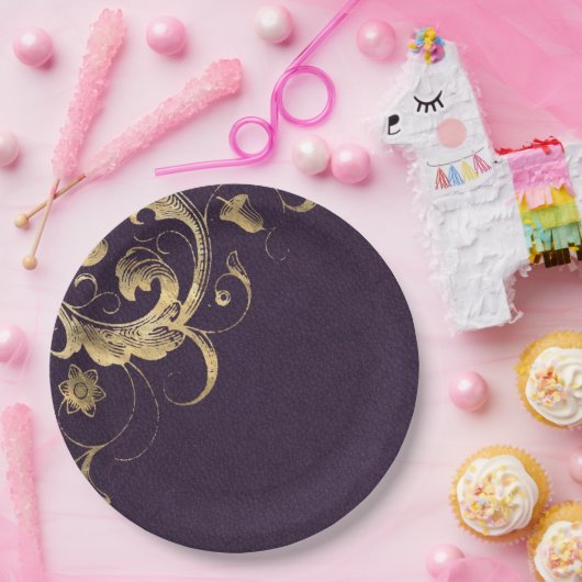 Paars   goud papieren bordje (Feest)