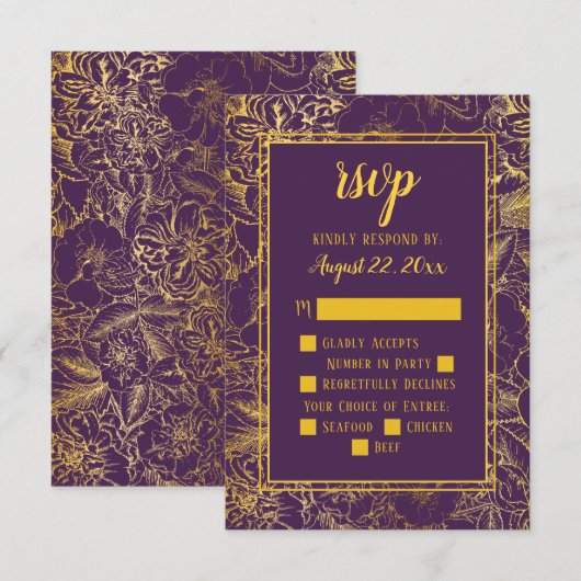 Paars | Goud  Roos Bloemen RSVP Insert (Voorkant / Achterkant)