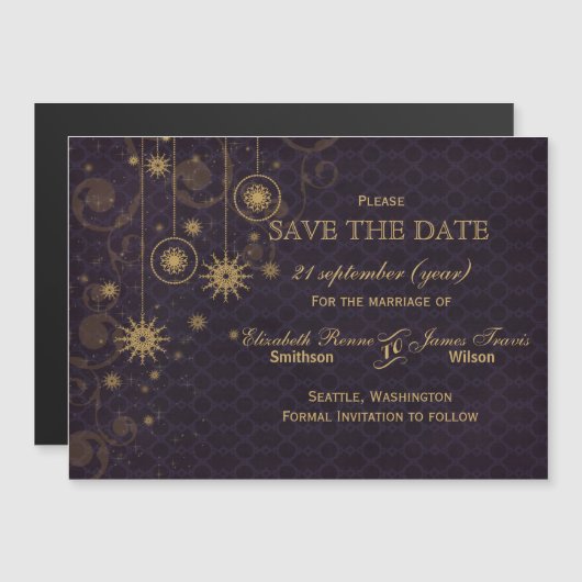 paars goud Snowflakes Winter behalve datum Magnetische Uitnodiging (Voorkant / Achterkant)