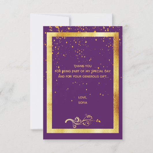 Paars goud verjaardag dank je kaart (Achterkant)