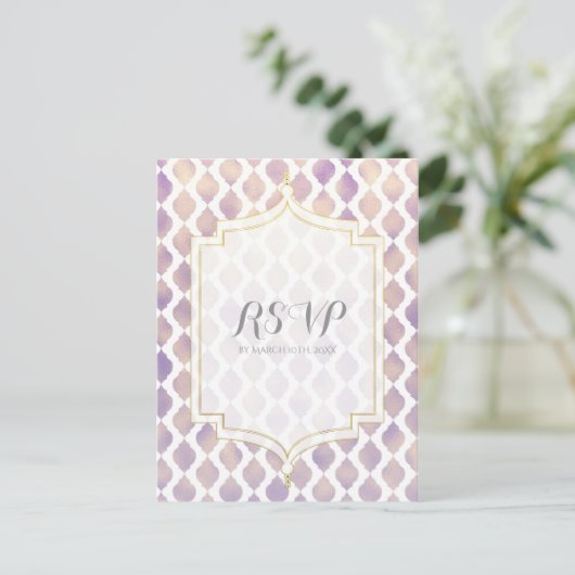 Paars Goud & Witte Marokkaanse Moderne Trouw-RSvp Uitnodiging Briefkaart (Staand voorkant)