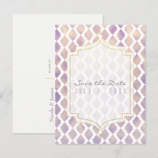 Paars Goud & Witte Marokkaanse Trouwkaart 'Save th Aankondigingskaart (Voorkant / Achterkant)
