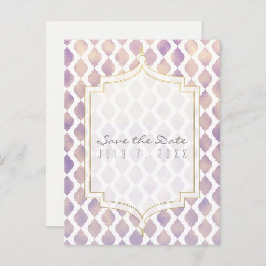 Paars Goud & Witte Marokkaanse Trouwkaart Save the Aankondigingskaart (Voorkant / Achterkant)